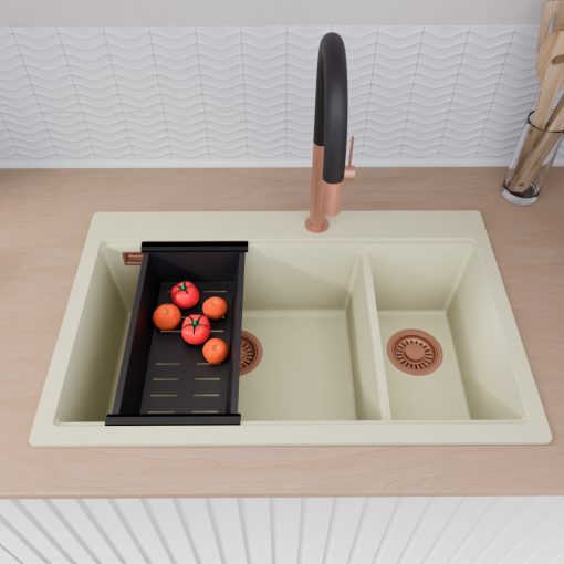 HD Aspen White 78 kétmedencés gránit mosogatótálca szett, matt fekete csepegtetőráccsal és kosárral, tört fehér színben, szálcsiszolt réz leeresztő szifonnal