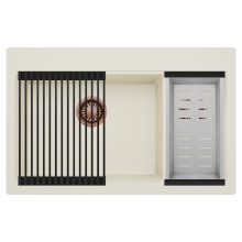 HD Aspen White 78 kétmedencés gránit mosogatótálca szett, matt fekete csepegtetőráccsal és krómozott kosárral, tört fehér színben, szálcsiszolt réz leeresztő szifonnal