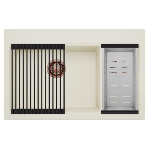 HD Aspen White 78 kétmedencés gránit mosogatótálca szett, matt fekete csepegtetőráccsal és krómozott kosárral, tört fehér színben, szálcsiszolt réz leeresztő szifonnal