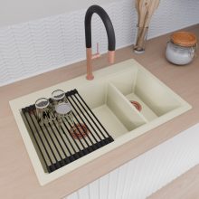 HD Aspen White 78 kétmedencés gránit mosogatótálca szett, matt fekete csepegtetőráccsal és krómozott kosárral, tört fehér színben, szálcsiszolt réz leeresztő szifonnal