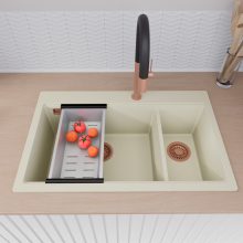 HD Aspen White 78 kétmedencés gránit mosogatótálca szett, matt fekete csepegtetőráccsal és krómozott kosárral, tört fehér színben, szálcsiszolt réz leeresztő szifonnal