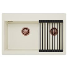 HD Aspen White 78 kétmedencés gránit mosogatótálca szett, matt fekete csepegtetőráccsal, tört fehér színben, szálcsiszolt réz leeresztő szifonnal