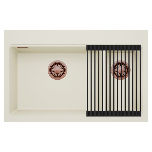 HD Aspen White 78 kétmedencés gránit mosogatótálca szett, matt fekete csepegtetőráccsal, tört fehér színben, szálcsiszolt réz leeresztő szifonnal