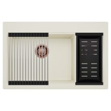 HD Aspen White 78 kétmedencés gránit mosogatótálca szett, acél csepegtetőráccsal és matt fekete kosárral, tört fehér színben, szálcsiszolt réz leeresztő szifonnal