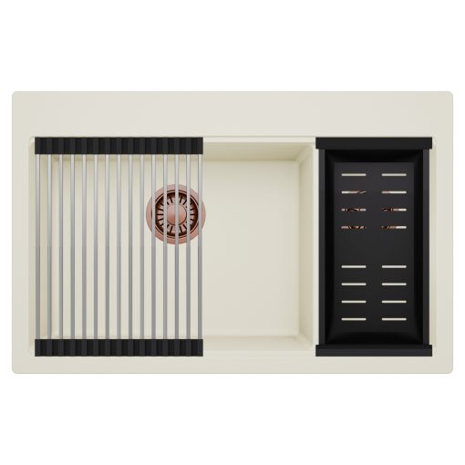 HD Aspen White 78 kétmedencés gránit mosogatótálca szett, acél csepegtetőráccsal és matt fekete kosárral, tört fehér színben, szálcsiszolt réz leeresztő szifonnal