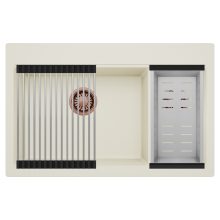 HD Aspen White 78 kétmedencés gránit mosogatótálca szett, acél csepegtetőráccsal és kosárral, tört fehér színben, szálcsiszolt réz leeresztő szifonnal