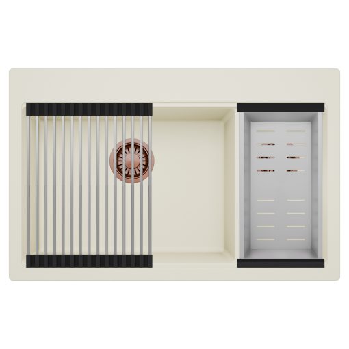 HD Aspen White 78 kétmedencés gránit mosogatótálca szett, acél csepegtetőráccsal és kosárral, tört fehér színben, szálcsiszolt réz leeresztő szifonnal