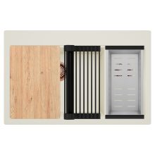 HD Aspen White 78 kétmedencés gránit mosogatótálca szett, vágódeszkával, vágódeszkával, matt fekete csepegtetőráccsal és krómozott kosárral, tört fehér színben, szálcsiszolt réz leeresztő szifonnal