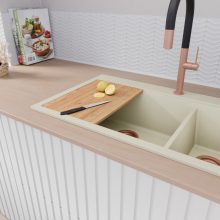 HD Aspen White 78 kétmedencés gránit mosogatótálca szett, vágódeszkával, acél csepegtetőráccsal és matt fekete kosárral, tört fehér színben, szálcsiszolt réz leeresztő szifonnal