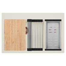 HD Aspen White 78 kétmedencés gránit mosogatótálca szett, vágódeszkával, acél csepegtetőráccsal és kosárral, tört fehér színben, szálcsiszolt réz leeresztő szifonnal