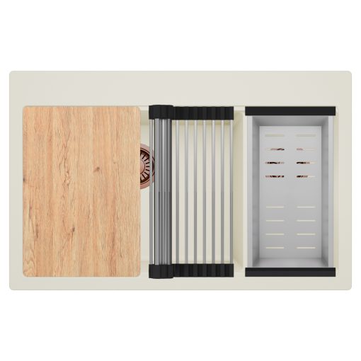 HD Aspen White 78 kétmedencés gránit mosogatótálca szett, vágódeszkával, acél csepegtetőráccsal és kosárral, tört fehér színben, szálcsiszolt réz leeresztő szifonnal