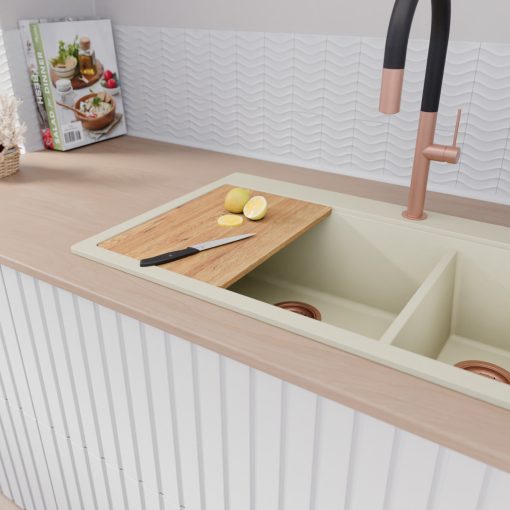 HD Aspen White 78 kétmedencés gránit mosogatótálca szett, vágódeszkával, acél csepegtetőráccsal és kosárral, tört fehér színben, szálcsiszolt réz leeresztő szifonnal