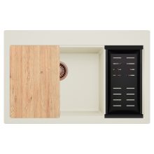 HD Aspen White 78 kétmedencés gránit mosogatótálca szett, vágódeszkával, matt fekete csepegtetőkosárral, tört fehér színben, szálcsiszolt réz leeresztő szifonnal