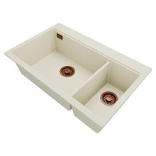 HD Aspen White 78 kétmedencés gránit mosogatótálca, vágódeszkával, tört fehér színben, szálcsiszolt réz leeresztő szifonnal