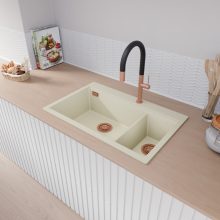 HD Aspen White 78 kétmedencés gránit mosogatótálca, vágódeszkával, tört fehér színben, szálcsiszolt réz leeresztő szifonnal