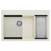 HD Aspen White 78 kétmedencés gránit mosogatótálca szett, acél csepegtetőráccsal és kosárral, tört fehér színben