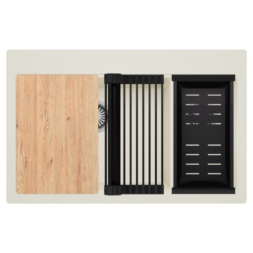 HD Aspen White 78 kétmedencés gránit mosogatótálca szett, vágódeszkával, matt fekete csepegtetőráccsal és kosárral, tört fehér színben