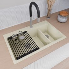 HD Aspen White 78 kétmedencés gránit mosogatótálca szett, vágódeszkával, matt fekete csepegtetőráccsal és kosárral, tört fehér színben