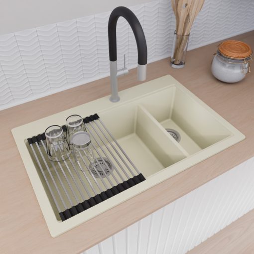 HD Aspen White 78 kétmedencés gránit mosogatótálca szett, vágódeszkával, acél csepegtetőráccsal és matt fekete kosárral, tört fehér színben