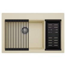 HD Aspen Beige 78 kétmedencés gránit mosogatótálca szett, matt fekete csepegtetőráccsal és kosárral, soft bézs színben, szálcsiszolt króm leeresztő szifonnal