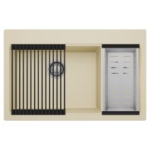 HD Aspen Beige 78 kétmedencés gránit mosogatótálca szett, matt fekete csepegtetőráccsal és krómozott kosárral, soft bézs színben, szálcsiszolt króm leeresztő szifonnal