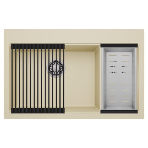 HD Aspen Beige 78 kétmedencés gránit mosogatótálca szett, matt fekete csepegtetőráccsal és krómozott kosárral, soft bézs színben, szálcsiszolt króm leeresztő szifonnal