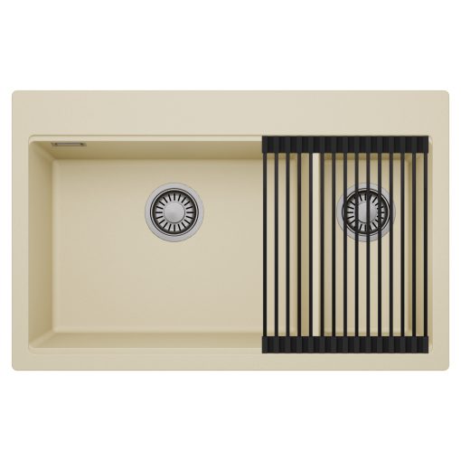 HD Aspen Beige 78 kétmedencés gránit mosogatótálca szett, matt fekete csepegtetőráccsal, soft bézs színben, szálcsiszolt króm leeresztő szifonnal
