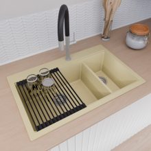 HD Aspen Beige 78 kétmedencés gránit mosogatótálca szett, matt fekete csepegtetőráccsal, soft bézs színben, szálcsiszolt króm leeresztő szifonnal