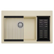 HD Aspen Beige 78 kétmedencés gránit mosogatótálca szett, acél csepegtetőráccsal és matt fekete kosárral, soft bézs színben, szálcsiszolt króm leeresztő szifonnal