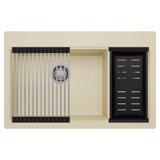 HD Aspen Beige 78 kétmedencés gránit mosogatótálca szett, acél csepegtetőráccsal és matt fekete kosárral, soft bézs színben, szálcsiszolt króm leeresztő szifonnal