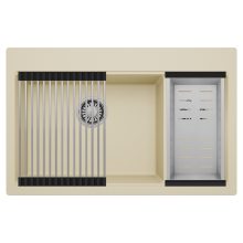 HD Aspen Beige 78 kétmedencés gránit mosogatótálca szett, acél csepegtetőráccsal és kosárral, soft bézs színben, szálcsiszolt króm leeresztő szifonnal