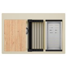 HD Aspen Beige 78 kétmedencés gránit mosogatótálca szett, vágódeszkával, matt fekete csepegtetőráccsal és krómozott kosárral, soft bézs színben, szálcsiszolt króm leeresztő szifonnal