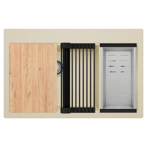 HD Aspen Beige 78 kétmedencés gránit mosogatótálca szett, vágódeszkával, matt fekete csepegtetőráccsal és krómozott kosárral, soft bézs színben, szálcsiszolt króm leeresztő szifonnal
