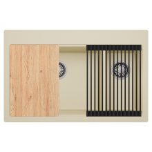 HD Aspen Beige 78 kétmedencés gránit mosogatótálca szett, vágódeszkával, matt fekete csepegtetőráccsal, soft bézs színben, szálcsiszolt króm leeresztő szifonnal