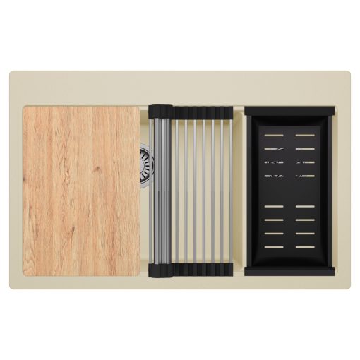 HD Aspen Beige 78 kétmedencés gránit mosogatótálca szett, vágódeszkával, acél csepegtetőráccsal és matt fekete kosárral, soft bézs színben, szálcsiszolt króm leeresztő szifonnal