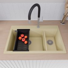 HD Aspen Beige 78 kétmedencés gránit mosogatótálca szett, vágódeszkával, acél csepegtetőráccsal és matt fekete kosárral, soft bézs színben, szálcsiszolt króm leeresztő szifonnal