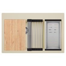 HD Aspen Beige 78 kétmedencés gránit mosogatótálca szett, vágódeszkával, acél csepegtetőráccsal és kosárral, soft bézs színben, szálcsiszolt króm leeresztő szifonnal