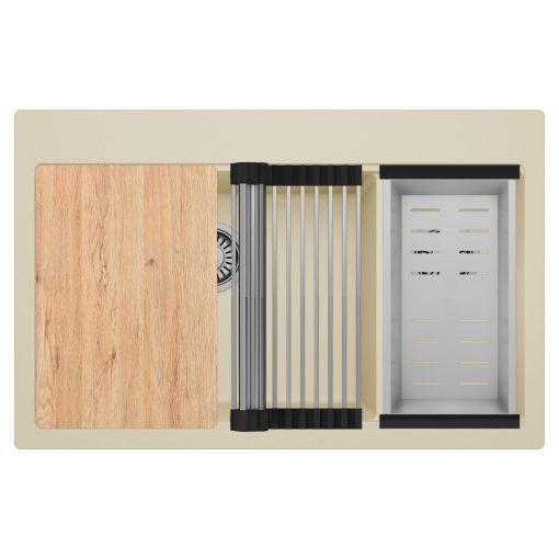 HD Aspen Beige 78 kétmedencés gránit mosogatótálca szett, vágódeszkával, acél csepegtetőráccsal és kosárral, soft bézs színben, szálcsiszolt króm leeresztő szifonnal