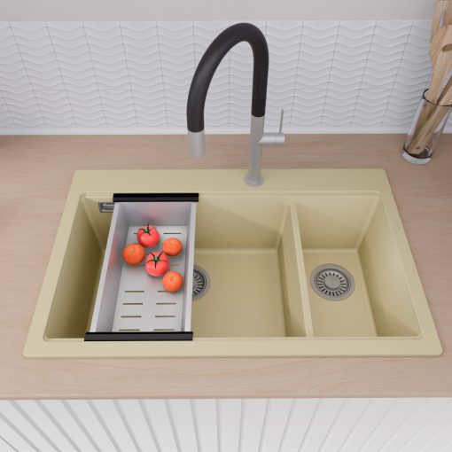 HD Aspen Beige 78 kétmedencés gránit mosogatótálca szett, vágódeszkával, acél csepegtetőráccsal és kosárral, soft bézs színben, szálcsiszolt króm leeresztő szifonnal