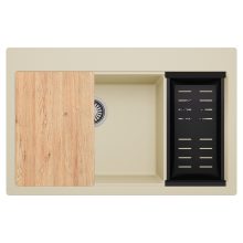 HD Aspen Beige 78 kétmedencés gránit mosogatótálca szett, vágódeszkával, matt fekete csepegtetőkosárral, soft bézs színben, szálcsiszolt króm leeresztő szifonnal