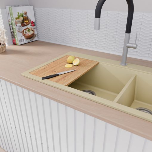 HD Aspen Beige 78 kétmedencés gránit mosogatótálca szett, vágódeszkával, matt fekete csepegtetőkosárral, soft bézs színben, szálcsiszolt króm leeresztő szifonnal