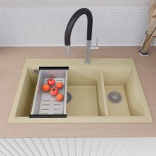 HD Aspen Beige 78 kétmedencés gránit mosogatótálca szett, vágódeszkával, acél csepegtetőkosárral, soft bézs színben, szálcsiszolt króm leeresztő szifonnal