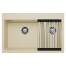 HD Aspen Beige 78 kétmedencés gránit mosogatótálca szett, acél csepegtetőráccsal, soft bézs színben, szálcsiszolt króm leeresztő szifonnal