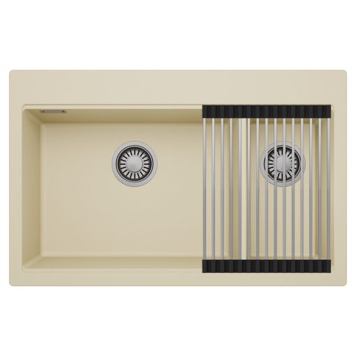 HD Aspen Beige 78 kétmedencés gránit mosogatótálca szett, acél csepegtetőráccsal, soft bézs színben, szálcsiszolt króm leeresztő szifonnal