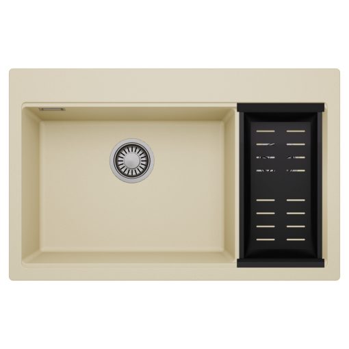 HD Aspen Beige 78 kétmedencés gránit mosogatótálca szett, matt fekete csepegtetőkosárral, soft bézs színben, szálcsiszolt króm leeresztő szifonnal