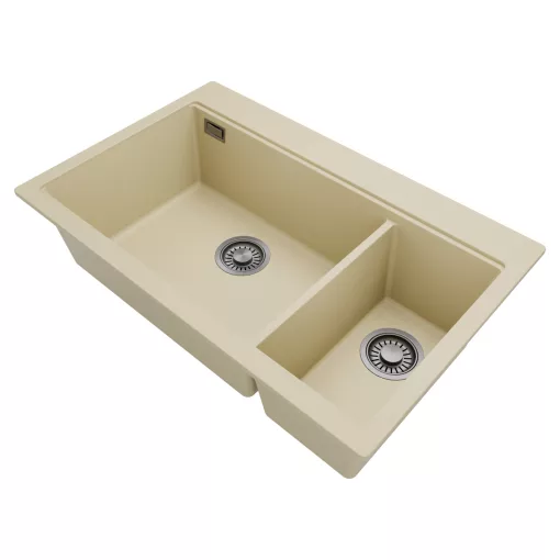 HD Aspen Beige 78 kétmedencés gránit mosogatótálca, soft bézs színben, szálcsiszolt króm leeresztő szifonnal