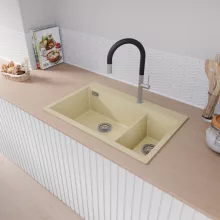 HD Aspen Beige 78 kétmedencés gránit mosogatótálca, soft bézs színben, szálcsiszolt króm leeresztő szifonnal