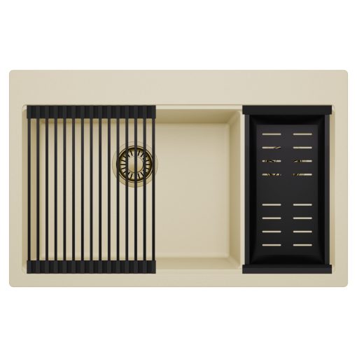 HD Aspen Beige 78 kétmedencés gránit mosogatótálca szett, matt fekete csepegtetőráccsal és kosárral, soft bézs színben, szálcsiszolt arany leeresztő szifonnal