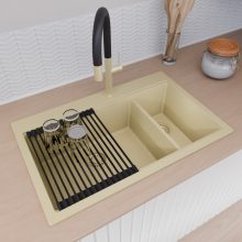 HD Aspen Beige 78 kétmedencés gránit mosogatótálca szett, matt fekete csepegtetőráccsal és kosárral, soft bézs színben, szálcsiszolt arany leeresztő szifonnal