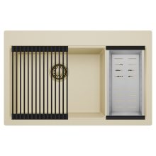 HD Aspen Beige 78 kétmedencés gránit mosogatótálca szett, matt fekete csepegtetőráccsal és krómozott kosárral, soft bézs színben, szálcsiszolt arany leeresztő szifonnal